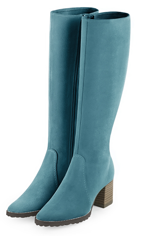 Peacock blue women's riding knee-high boots. Round toe. Medium block heels. Made to measure. Front view - Florence KOOIJMAN